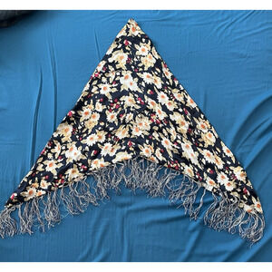 HUALI 100% Silk Triangle Scarf Shawl w/ Fringe White & Fushia Floral on Navy 60"